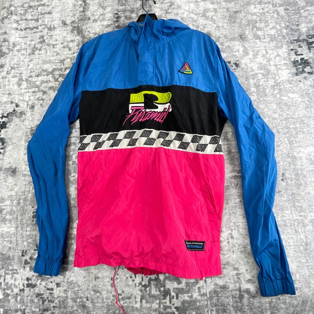 Vtg Black Pyramid Mens XL Windbreaker Anorak 90s Heartbreak Half Zip Blue Pink